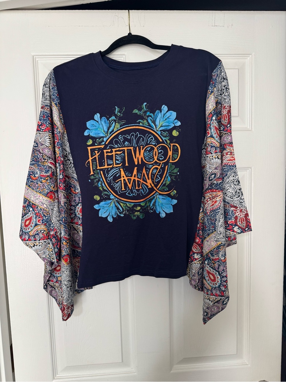 Navy Graphic Top with Paisley Bell Sleeves one size